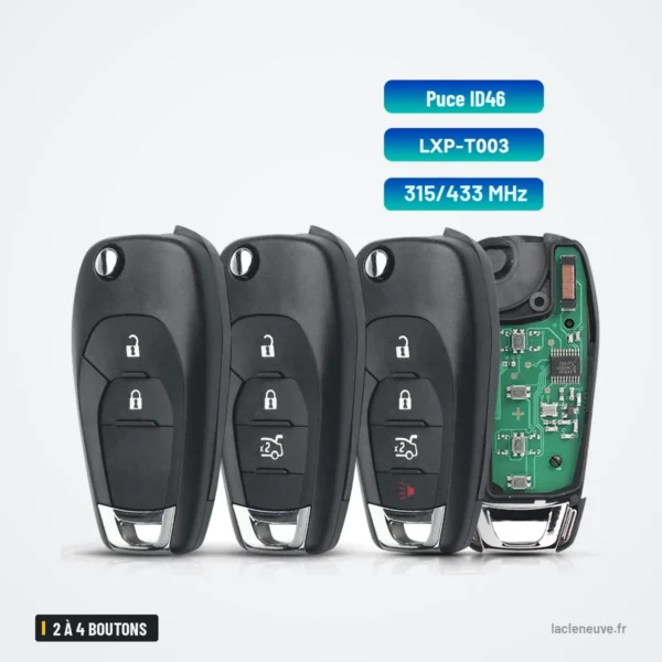 Clé télécommande 2 à 4 boutons pour Chevrolet Cruze, Malibu - trois clés avec carte électronique et pile visibles