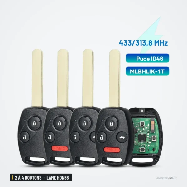 Clé télécommande 2 à 4 boutons pour Honda CR-V, Accord, City, Fit - quatre clés identiques avec étiquette de fréquence