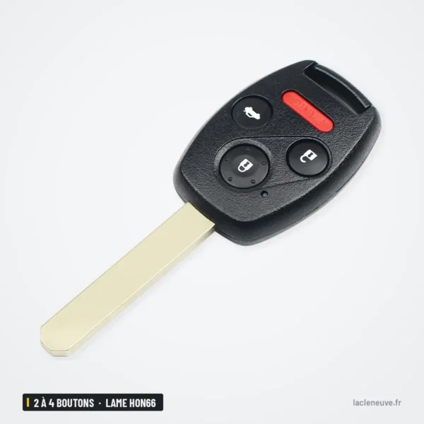 Clé télécommande 2 à 4 boutons pour Honda CR-V, Accord, City, Fit, lame HON66 - vue de face, quatre boutons dont un rouge