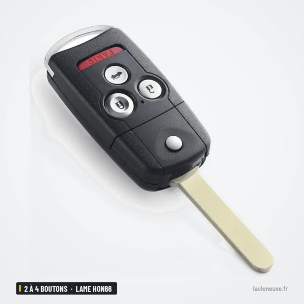 Clé télécommande 2 à 4 boutons pour Honda CR-V, Jazz, Accord, Acura, lame HON66 - lame sortie, vue de trois quarts