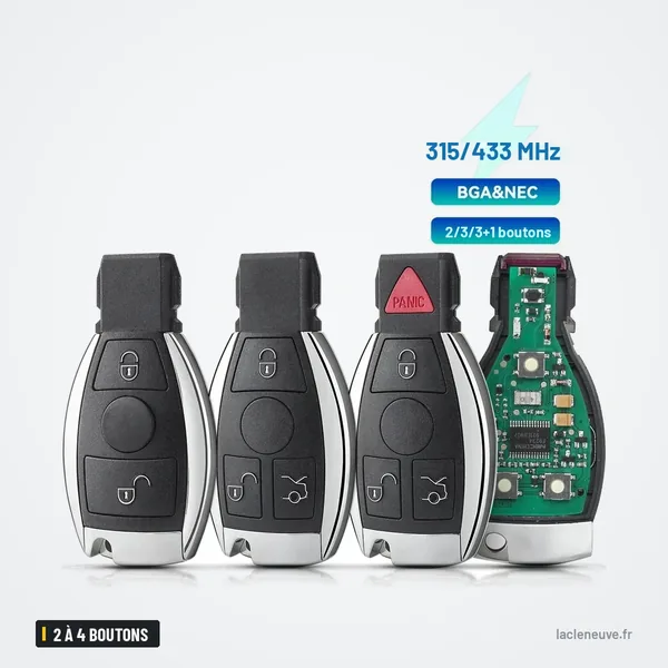 Clé télécommande 2 à 4 boutons pour Mercedes-Benz Classe A, B, S, E - trois coques avec carte électronique verte