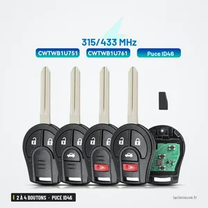 Clé télécommande 2 à 4 boutons pour Nissan Juke, Rogue, Cube, Versa - quatre clés alignées, nombre de boutons différent