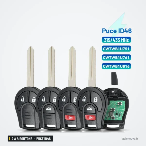Clé télécommande 2 à 4 boutons pour Nissan Rogue, Juke, Versa, Cube - cinq clés alignées, une coque ouverte avec circuit