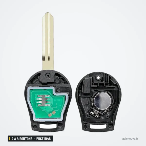 Clé télécommande 2 à 4 boutons pour Nissan Rogue, Juke, Versa, Cube, puce ID46 - coque ouverte avec circuit et pile visibles