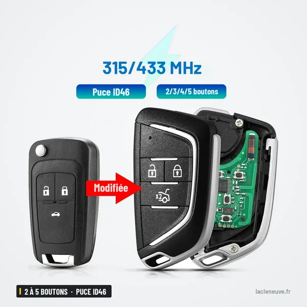 Clé télécommande 2 à 5 boutons pour Chevrolet Cruze, Aveo, Orlando - comparaison avant et après transformation du boîtier