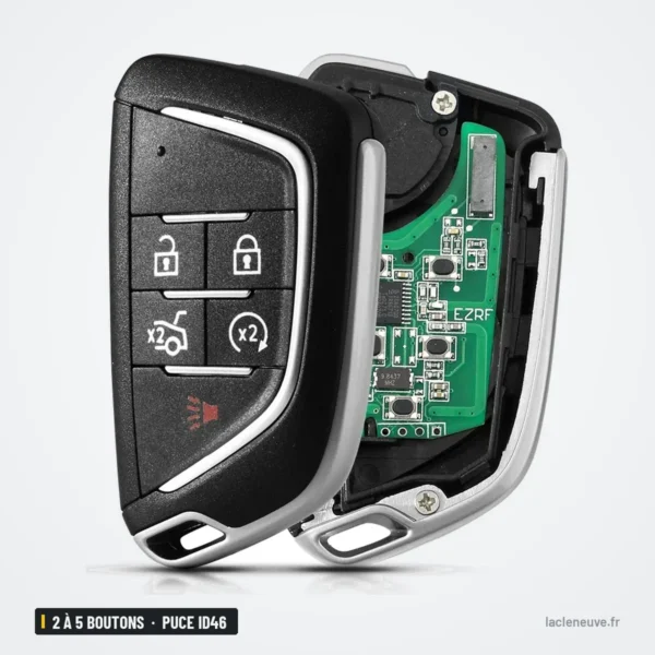 Clé télécommande 2 à 5 boutons pour Chevrolet Cruze, Aveo, Orlando - boîtier démonté avec circuit et cinq boutons visibles