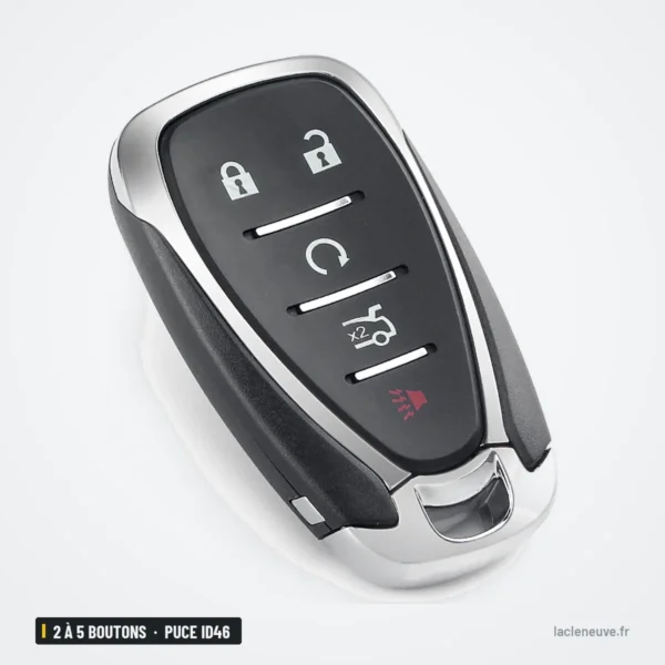 Clé télécommande 2 à 5 boutons pour Chevrolet Cruze, Spark, Equinox, puce ID46 - coque chromée fermée, vue de trois quarts
