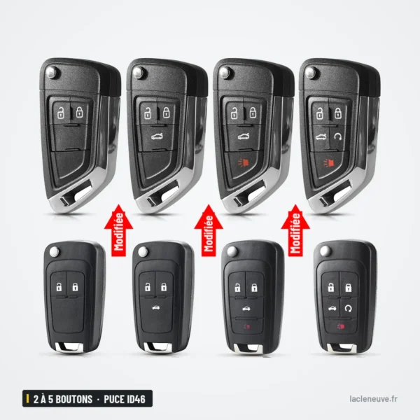Clé télécommande 2 à 5 boutons pour Opel Astra, Corsa, Insignia, puce ID46 - quatre versions comparées, fermées et ouvertes
