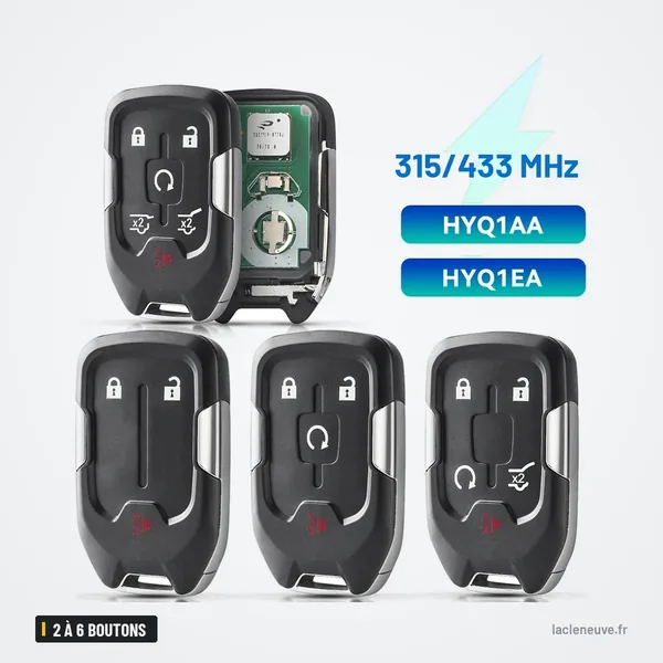 Clé télécommande 2 à 6 boutons pour Chevrolet Tahoe, GMC Yukon - quatre modèles alignés avec étiquette double fréquence