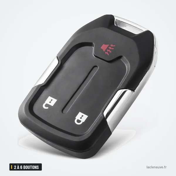 Clé télécommande 2 à 6 boutons pour Chevrolet Tahoe, GMC Yukon, Sierra - vue de face, alarme en haut et deux boutons
