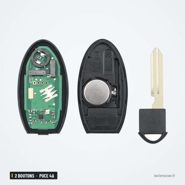Clé télécommande 2 boutons pour Nissan Qashqai, X-Trail, Juke, puce 4A/ID46 - carte électronique avec pile et lame nue
