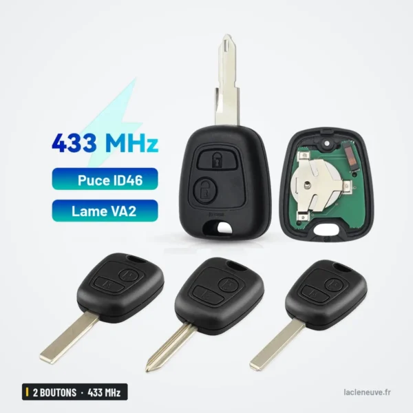 Clé télécommande 2 boutons pour Peugeot 207, 307, Citroën C3, C4, 433 MHz, ID46 - trois clés à lame alignées