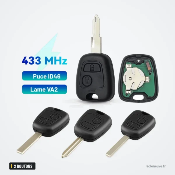 Clé télécommande 2 boutons pour Peugeot 207, 307, Citroën C3, Picasso, ID46 - trois clés à lame alignées