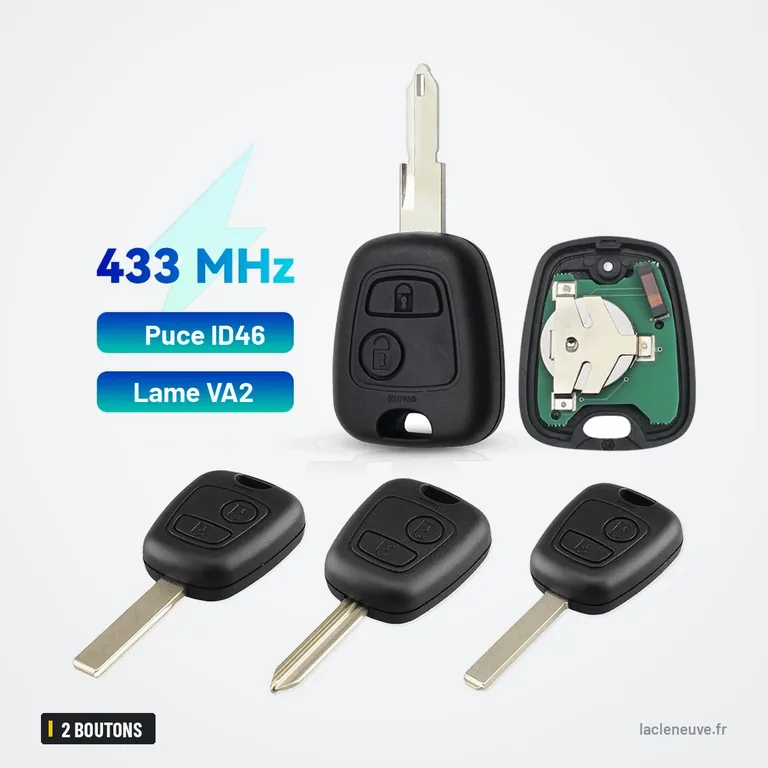 Clé télécommande 2 boutons pour Peugeot 207, 307, Citroën C3, Picasso, ID46 - trois clés à lame alignées