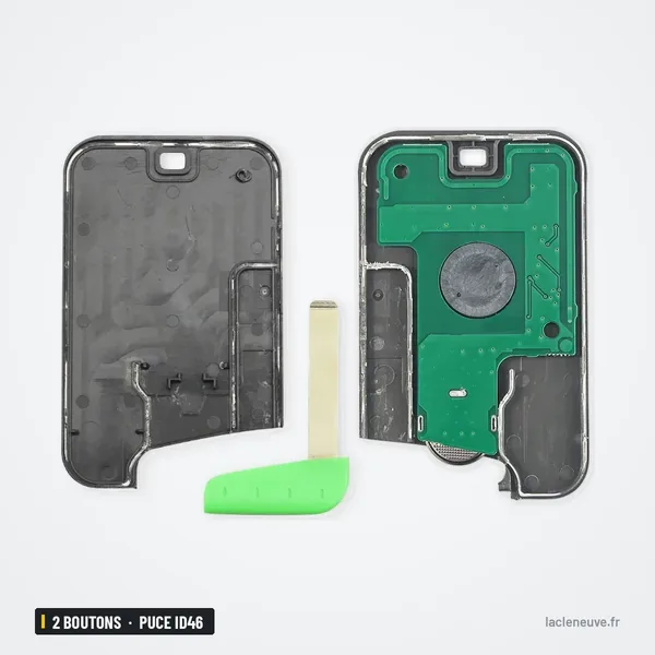 Clé télécommande 2 boutons pour Renault Laguna, Espace, Vel-Satis, puce ID46 - carte-clé démontée, intérieur et lame détachée