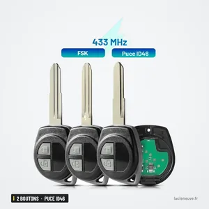 Clé télécommande 2 boutons pour Suzuki Swift, SX4, Grand Vitara, puce ID46 - trois clés et télécommande avec encart technique Clé télécommande 2 boutons pour Suzuki Swift, SX4, Grand Vitara, puce ID46 - trois clés et télécommande avec encart technique