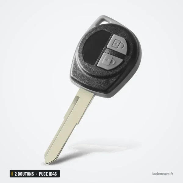 Clé télécommande 2 boutons pour Suzuki Swift, SX4, Grand Vitara, puce ID46 - vue de face, lame orientée vers le bas