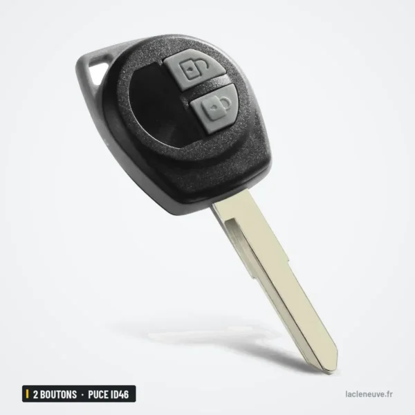 Clé télécommande 2 boutons pour Suzuki Swift, SX4, Grand Vitara, puce ID46 - gros plan sur la tête et les boutons