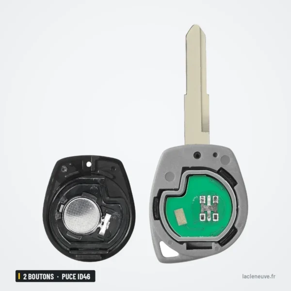 Clé télécommande 2 boutons pour Suzuki Swift, SX4, Grand Vitara, puce ID46 - coque ouverte, circuit et pile visibles
