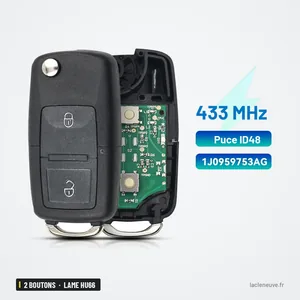 Clé télécommande 2 boutons pour VW Bora, Golf, Polo, Passat, lame HU66 - circuit électronique visible à l'intérieur