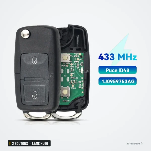 Clé télécommande 2 boutons pour VW Golf, Passat, Seat Ibiza, lame HU66 - coque ouverte, circuit et boutons visibles
