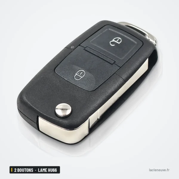 Clé télécommande 2 boutons pour VW Golf, Passat, Seat Ibiza, lame HU66 - clé pliée vue de face, lame rentrée