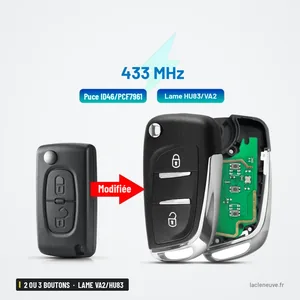 Clé télécommande 2 ou 3 boutons pour Peugeot 307, Citroën C4, lame VA2/HU83 - transformation en clé avec circuit interne Clé télécommande 2 ou 3 boutons pour Peugeot 307, Citroën C4, lame VA2/HU83 - transformation en clé avec circuit interne