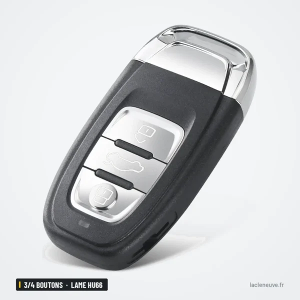 Clé télécommande 3/4 boutons pour Audi A4, A5, A6, Q5, lame HU66 - vue de face, bord chromé