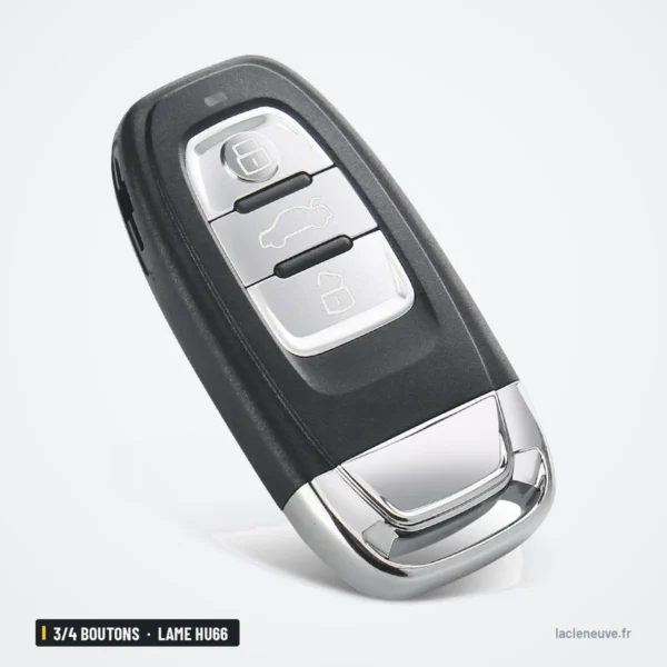 Clé télécommande 3/4 boutons pour Audi A4, A5, A6, Q5, lame HU66 - vue de trois-quarts, boutons visibles