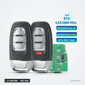Clé télécommande 3/4 boutons pour Audi Q5, A4, A6, A7, puce ID46 - deux télécommandes côte à côte avec circuit visible