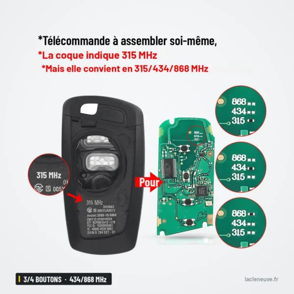 Clé télécommande 3/4 boutons pour BMW Série 1, 3, 5, 7, 315/434/868 MHz - comparaison avant et arrière avec piles zoomées