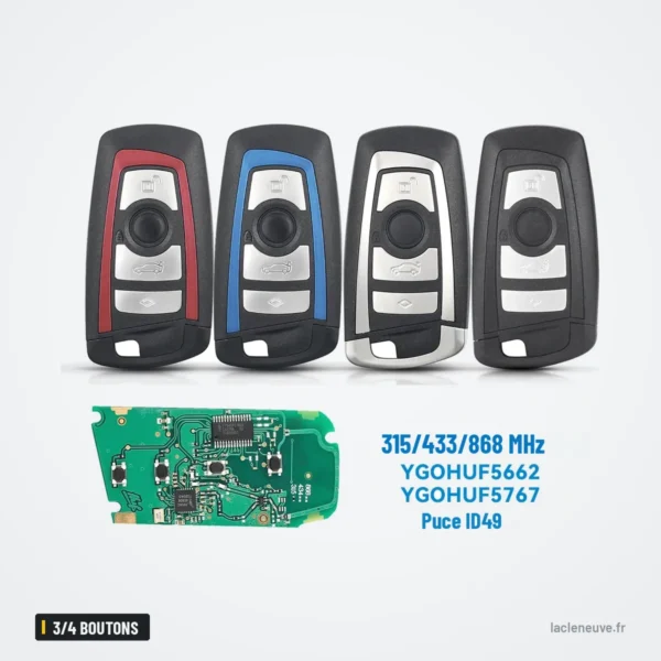 Clé télécommande 3/4 boutons pour BMW Série 3, Série 5, X5, X6 - quatre coloris de boîtier côte à côte