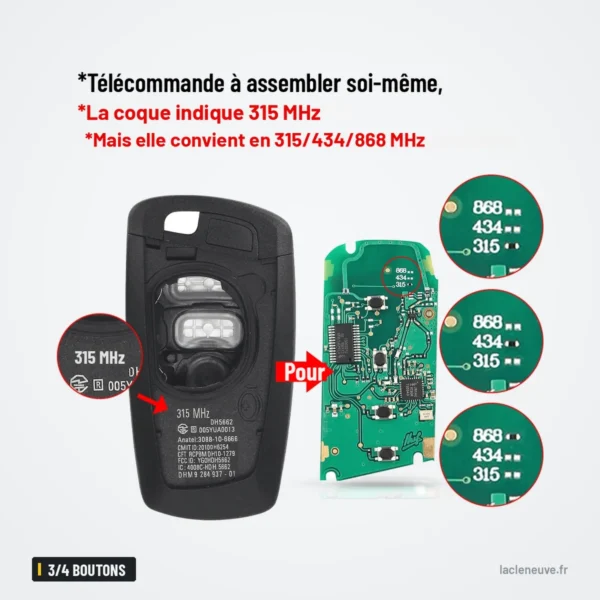 Clé télécommande 3/4 boutons pour BMW Série 3, Série 5, X5, X6 - comparaison avant et après avec pastilles de couleur