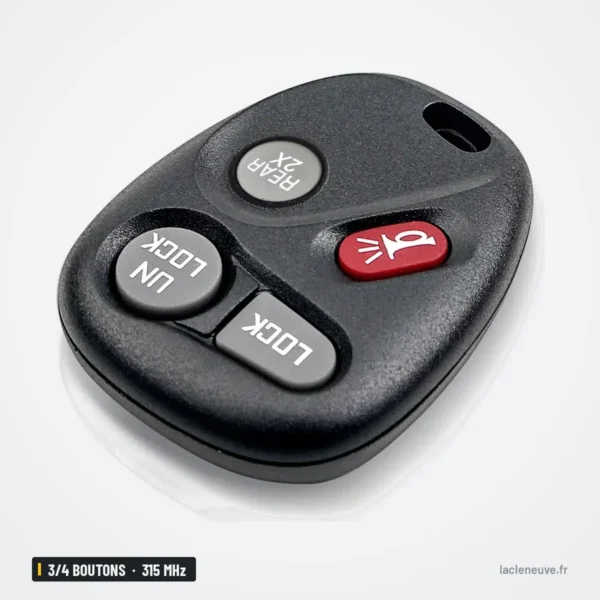 Clé télécommande 3/4 boutons pour Chevrolet Tahoe, GMC Sierra, 315 MHz - vue de face, quatre boutons dont alarme rouge
