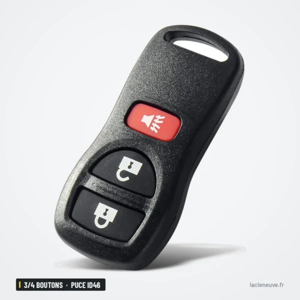 Clé télécommande 3/4 boutons pour Nissan Altima, Maxima, Armada, puce ID46 - vue de face, trois boutons dont corne