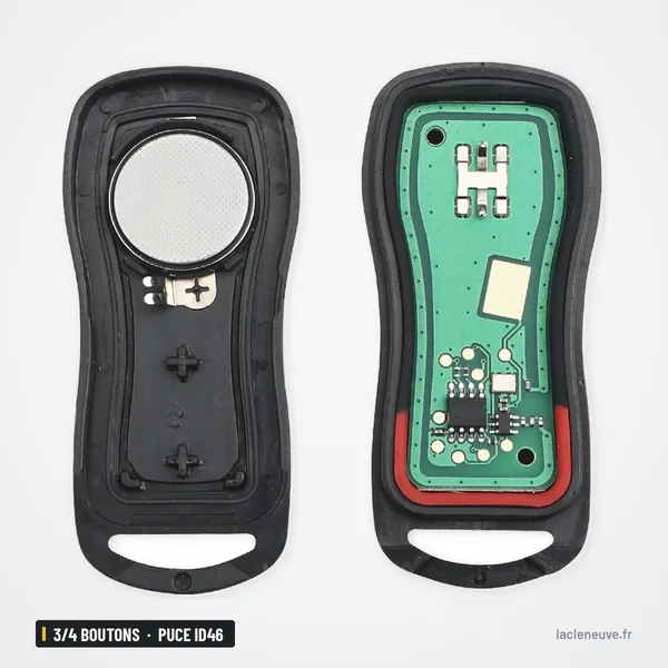 Clé télécommande 3/4 boutons pour Nissan Altima, Maxima, Armada, puce ID46 - éclatée montrant pile et circuit imprimé
