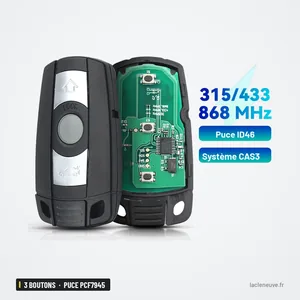 Clé télécommande 3 boutons pour BMW Série 1, 3, 5, X5, puce PCF7945 - coque ouverte avec circuit et fiche technique