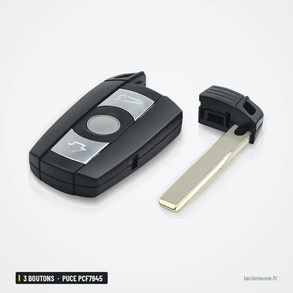 Clé télécommande 3 boutons pour BMW Série 1, 3, 5, X5, puce PCF7945 - clé avec lame de secours détachée à côté