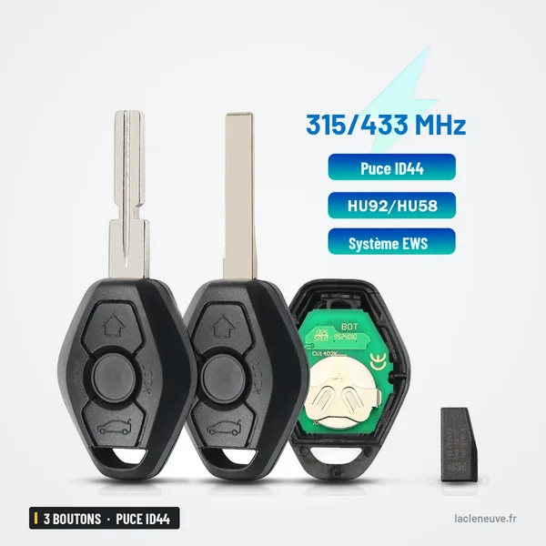 Clé télécommande 3 boutons pour BMW Série 3, 5, 7, X5, puce ID44 - trois versions de clés présentées côte à côte