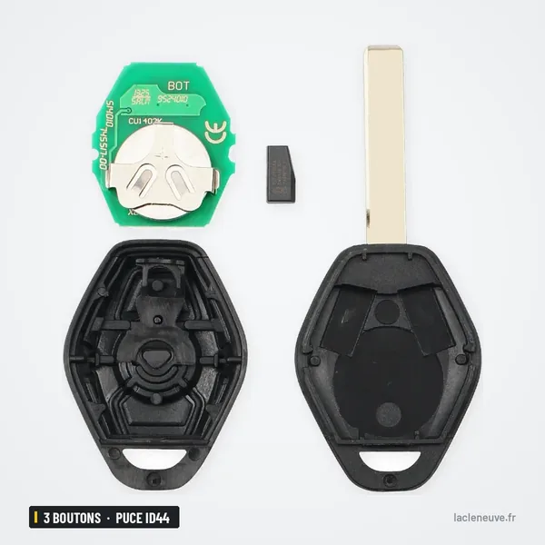Clé télécommande 3 boutons pour BMW Série 3, 5, 7, X5, puce ID44 - coque ouverte avec puce et lame