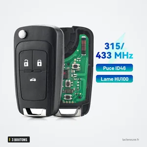 Clé télécommande 3 boutons pour Chevrolet Cruze, Lova, Aveo, Orlando, ID46 - télécommande pliante ouverte, circuit visible