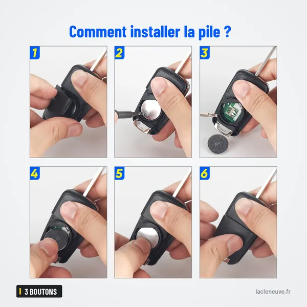 Clé télécommande 3 boutons pour Chevrolet Cruze, Lova, Aveo, Orlando, ID46 - étapes illustrées d'installation de la pile