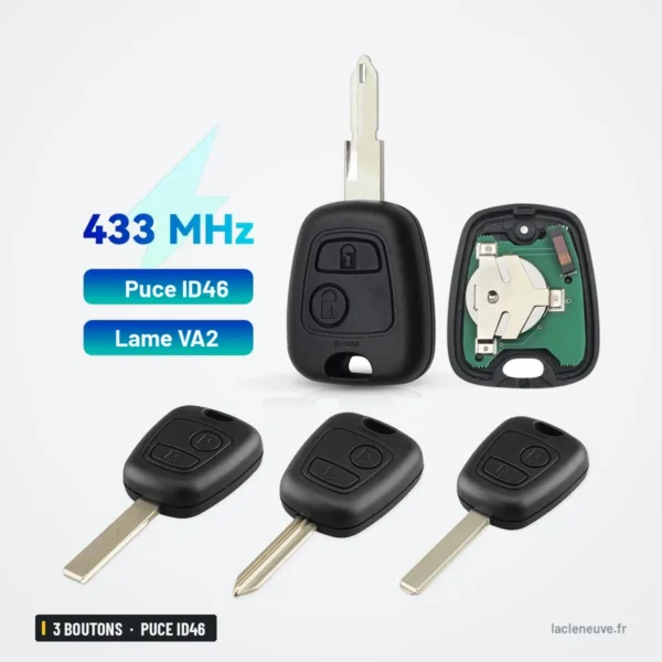 Clé télécommande 3 boutons pour Citroën C1, C3, Xsara, Berlingo - vue éclatée avec circuit imprimé et plusieurs lames