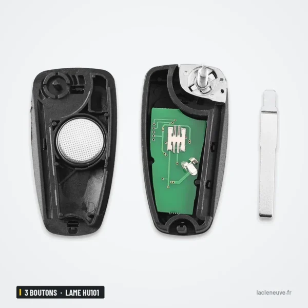 Clé télécommande 3 boutons pour Ford C-Max, S-Max, Focus, lame HU101 - pile, circuit et lame détachés