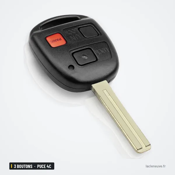 Clé télécommande 3 boutons pour Lexus GX470, LX470, puce 4C ou 4D67 - vue de face, bouton rouge panique