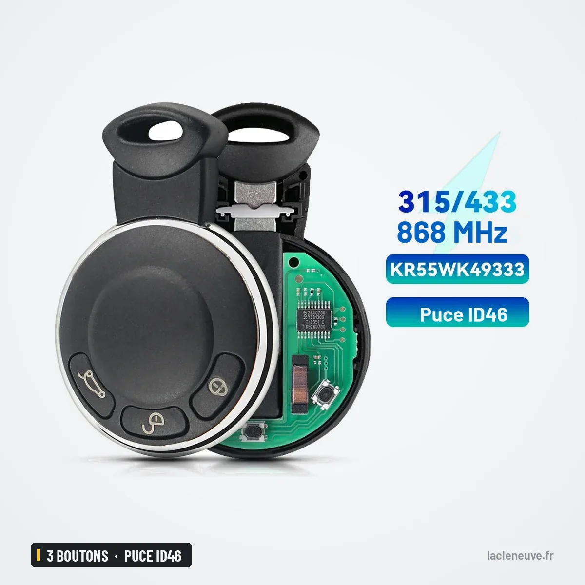 Clé télécommande 3 boutons pour Mini Cooper, Clubman, Countryman, puce ID46 - vue de face, lame sortie