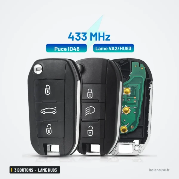 Clé télécommande 3 boutons pour Peugeot 208, 308, 508, Citroën C3 - deux boîtiers ouverts avec circuit imprimé visible