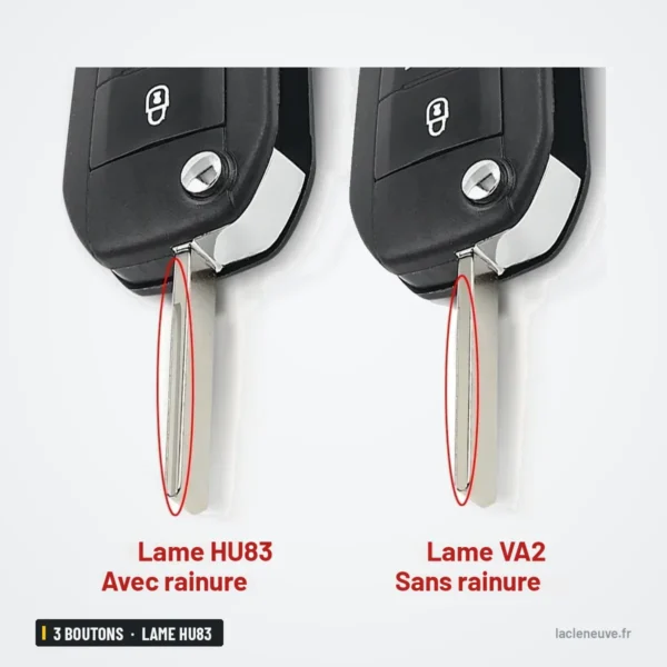 Clé télécommande 3 boutons pour Peugeot 208, 308, 508, Citroën C3 - gros plan comparant deux lames, une avec rainure