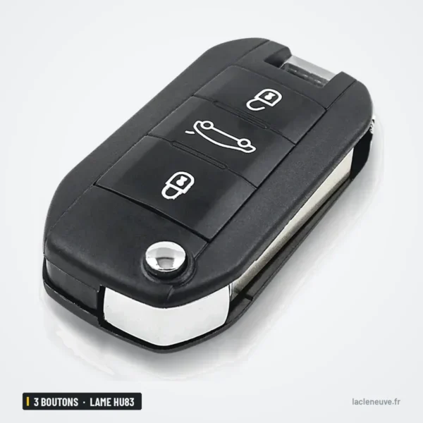 Clé télécommande 3 boutons pour Peugeot 208, 308, 508, Citroën C3 - vue de face, trois boutons de commande visibles