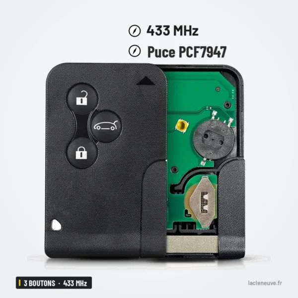Clé télécommande 3 boutons pour Renault Clio, Megane, Dacia Logan, 433 MHz - carte à puce ouverte, pile et logement visibles